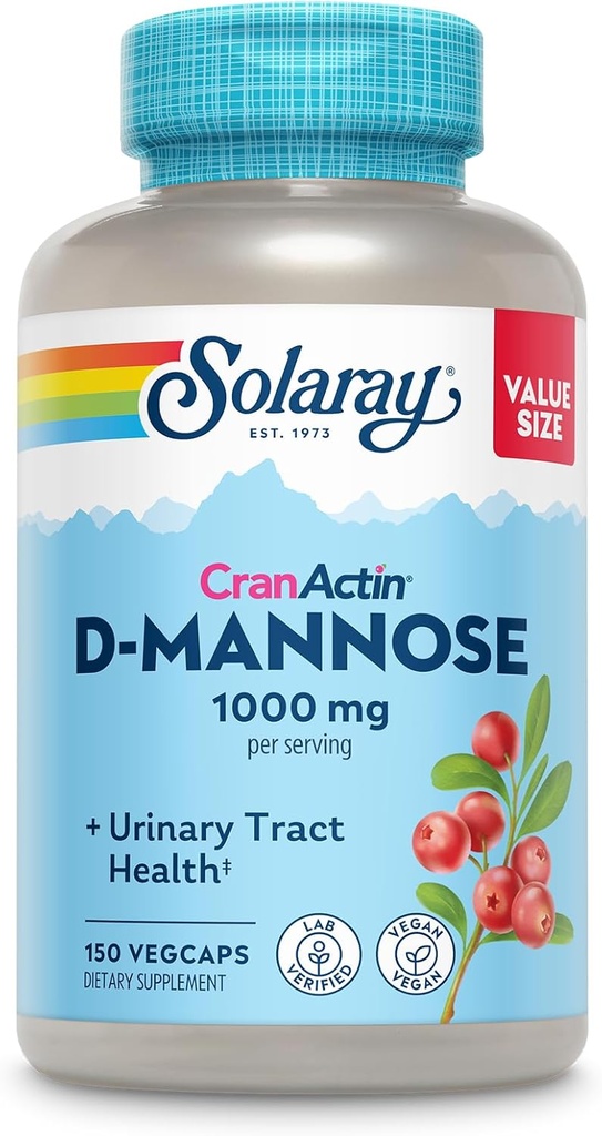 Solaray D-Mannose 1000mg με CranActin Cranberry συμπλήρωμα 400mg, ούρα Φυλλαδική Υγεία & Bladder υποστήριξη κάψουλες με βιταμίνη C, Vegan, 60 Ημέρα Εγγύηση, 75 εξυπηρετούν, 150 VegCaps