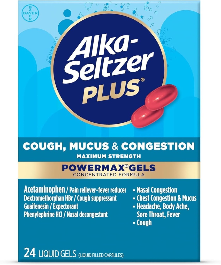 Alka-Seltzer Plus Maximum Strength Cough, Mucus & Congestion Powermax Liquid Gels, Fast and Effective Chest Congestion Relief, Cough Suppressant, For Adults and Children 12 Years and Older 24 Count