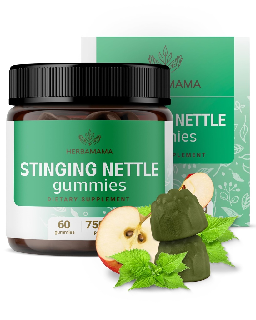 HERBAMAMA Sting Nattle Gummies - 7500mg Sting Nettle Root Extract για την υποστήριξη των ουροφόρων δένδρων για γυναίκες και άνδρες - Vegan, μη GMO Urtica Dioica συμπλήρωμα - 60 Pectin-based Apple-Flavored Chews