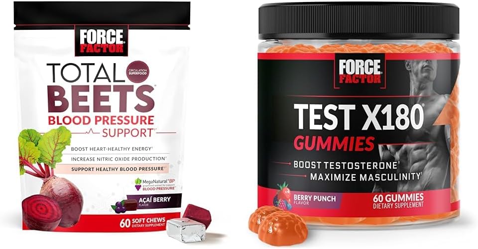 Force Factor Total Beets Blood Pressure Support 60 Chews + Test X180 Gummies Testosterone Booster for Men 60 Gummies