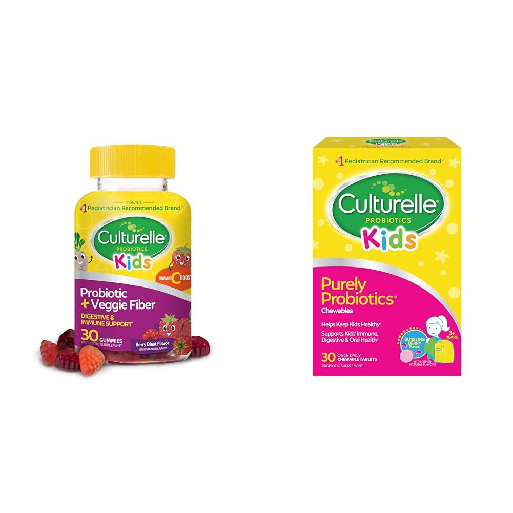 Culturelle Daily Probiotic for Kids + Veggie Fiber Gummies (Ages 3+) - 30 Count & Kids Chewable Daily Probiotic for Kids, Ages 3+, 30 Count, #1 Pediatrician-Recommend