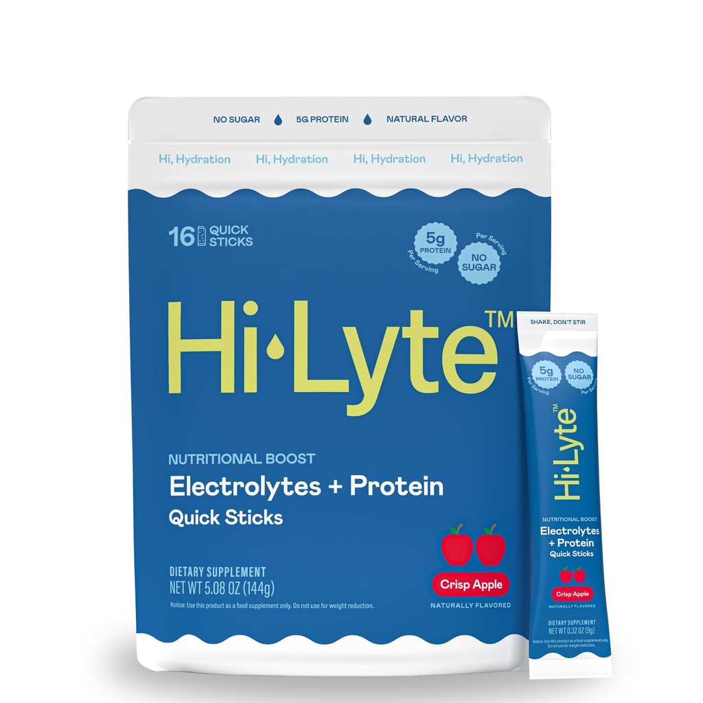 Hi-Lyte Electrolytes + Protein Quick Sticks Crisp Apple, 16 μερίδες - Νάτριο, Κάλιο, πρωτεΐνη ορού γάλακτος - Κετοφιλική - 5g πρωτεΐνη, Χωρίς ζάχαρη