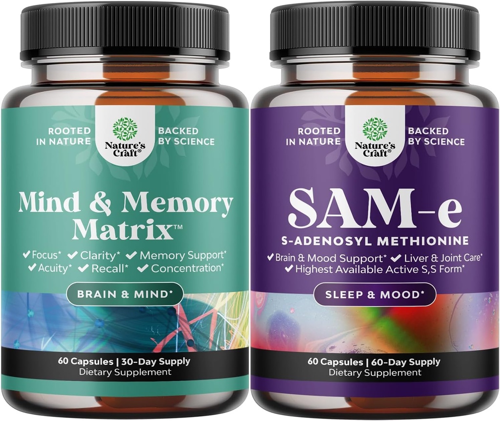 Δέσμη Advanced Brain Supplement for Memory & Focus - Βιταμίνες για ενήλικες όλων των ηλικιών και Sam-E 200mg Συμπλήρωμα Υποστήριξης Mood - S-Adenosyl Μεθειονίνη για φυσική χαλάρωση Mood Boost Brain Support