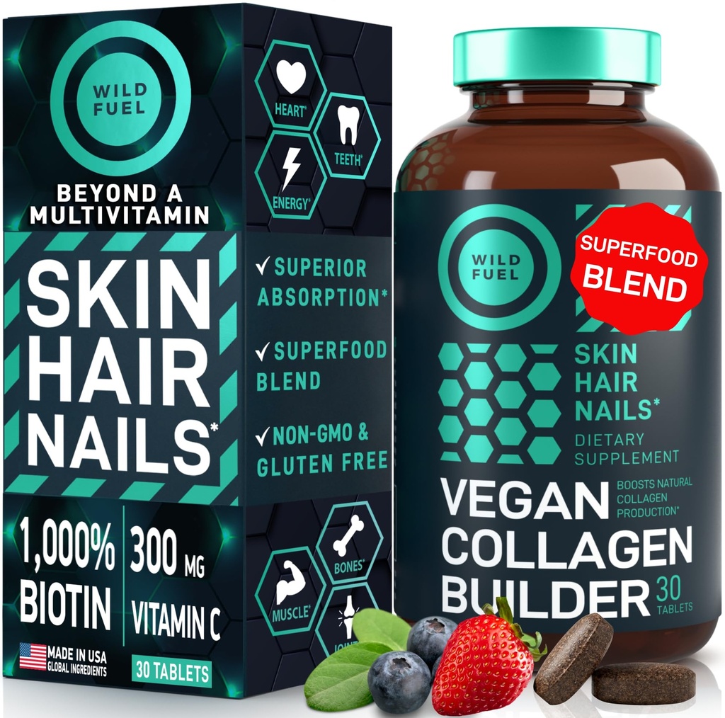 WILD FUEL Vegan Collagen Builder - Βιοτίνη, Βιολογικά Superfood, Αμινοξέα Γλυκίνη, Λυσίνη, Proline Plant-Based Collagen Booster Συμπληρώματα - 30 Organic Extract Tablets