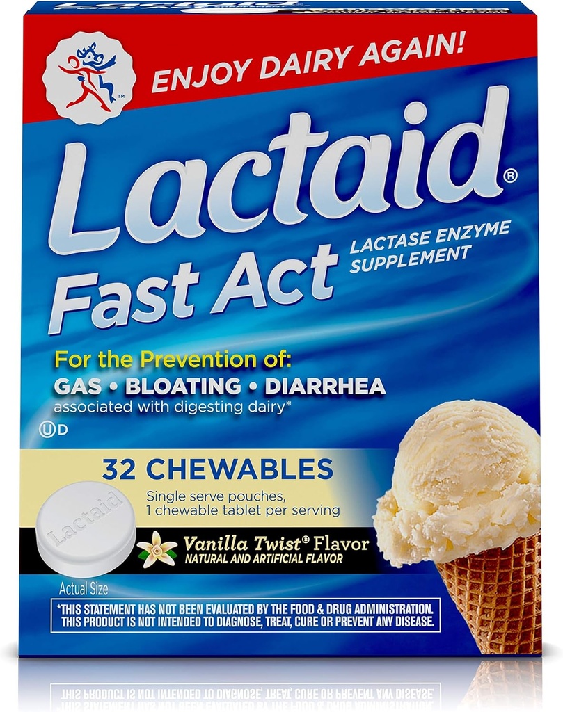 Lactaid Fast Act Lactose Intolerance Chewables with Lactase Enzymes, Vanilla Twist, 32 Pks of 1-ct.