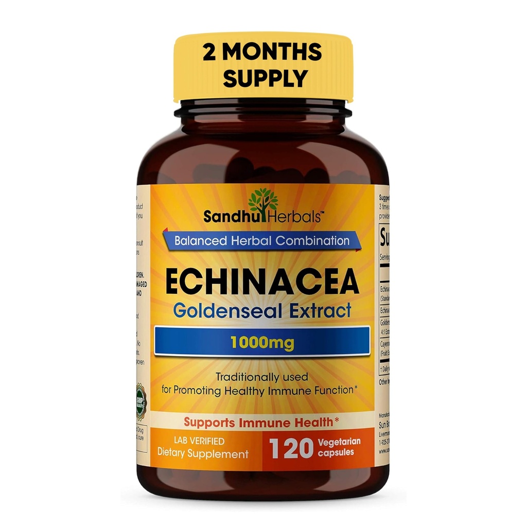 SANDHUHERBALS Echinacea Goldenseal 1000 Mg 120 Capsules | Immune System Support Respiratory Response Inflammatory Response Supplement