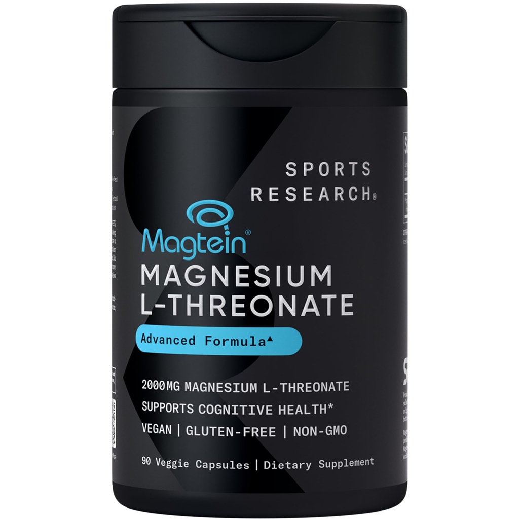 Sports Research Magtein Μαγνήσιο L-Θρεονικό Κάψουλες - Συμπλήρωμα Μαγνησίου για Μνήμη, Εστίαση & Γνωστικότητα - Μαγνήσιο L Θρεονικό Υποστηρίζει την Εγκεφαλική Υγεία, τον Ύπνο & την Κατάσταση - 2000mg, 90 Κάψουλες για Ενήλικες