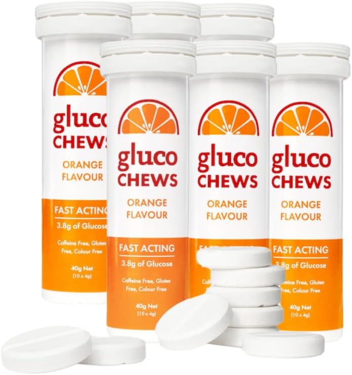 Glucochews Orange 60 δισκία (10 ανά σωλήνα, 6 σωλήνες τσέπης) – 3. 8g Γλυκόζη ταχείας δράσης Κάθε μία – Ενισχύει την ενέργεια & τη ζάχαρη αίματος – Χωρίς γλουτένη, χωρίς λιπαρά, χωρίς καφεΐνη