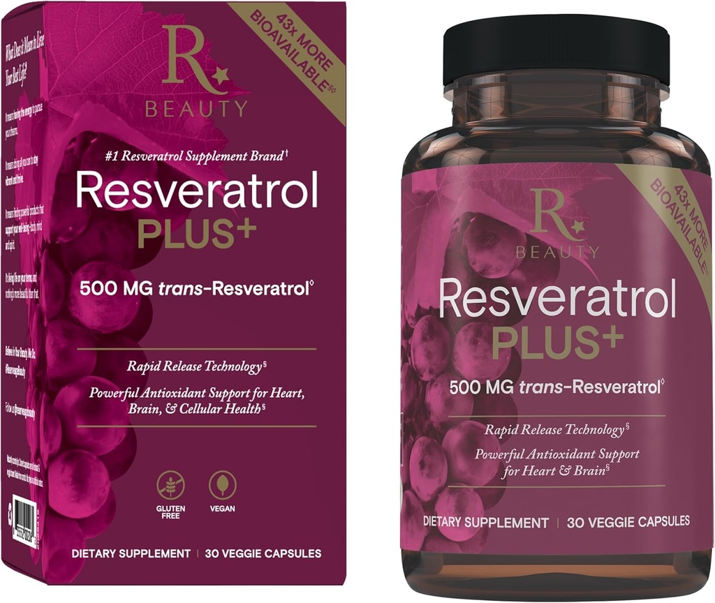 Reservage Beauty Resveratrol Plus+ 500 mg - Κάψουλες ταχείας αποδέσμευσης ρεσβερατρόλης με Quercetin για ανοσοποιητικό σύστημα, Εγκεφαλική Υγεία & Κυτταρική Υγεία - Χωρίς γλουτένη & Vegan - 30 Κάψουλες Veggie