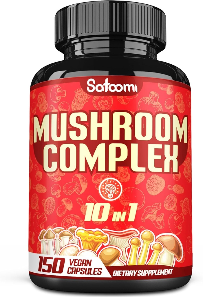 Satoomi 10in1 Mushroom Complex Συμπληρώματα - 5 Μήνες Προμήθεια - Αναμειγνύεται με Lions Mane, Cordyceps, Reishi, Chaga, Maitake, Shithake και άλλα - Υποστήριξη τρένου - 150 κάψουλες