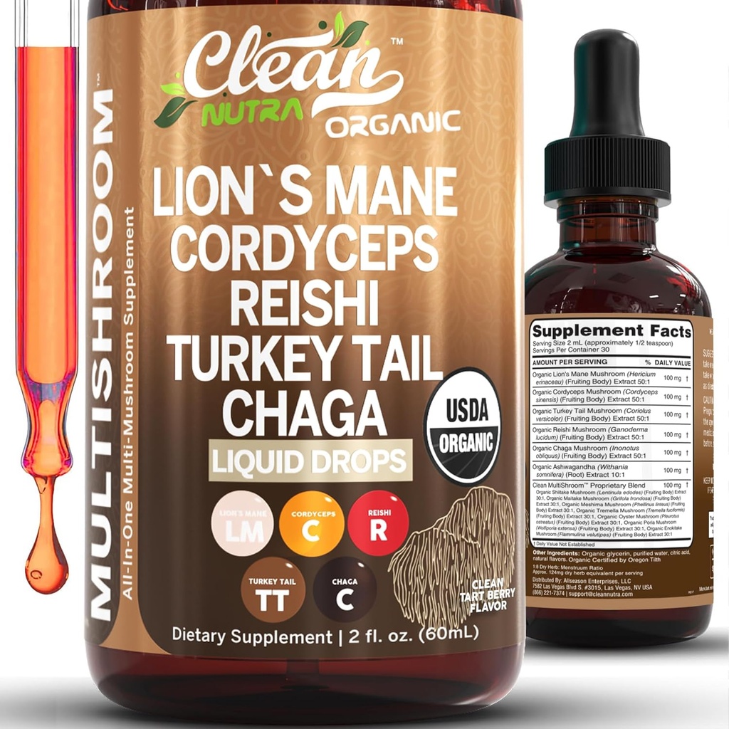 Βιολογικά Lions Mane Mushroom Supplement Liquid Drops + Turkey Tail Cordyceps Reishi Chaga Shitake Maitake Tremella Oyster Μανιτάρια Poria και Enokitake Complex Blend by Clean Nutra