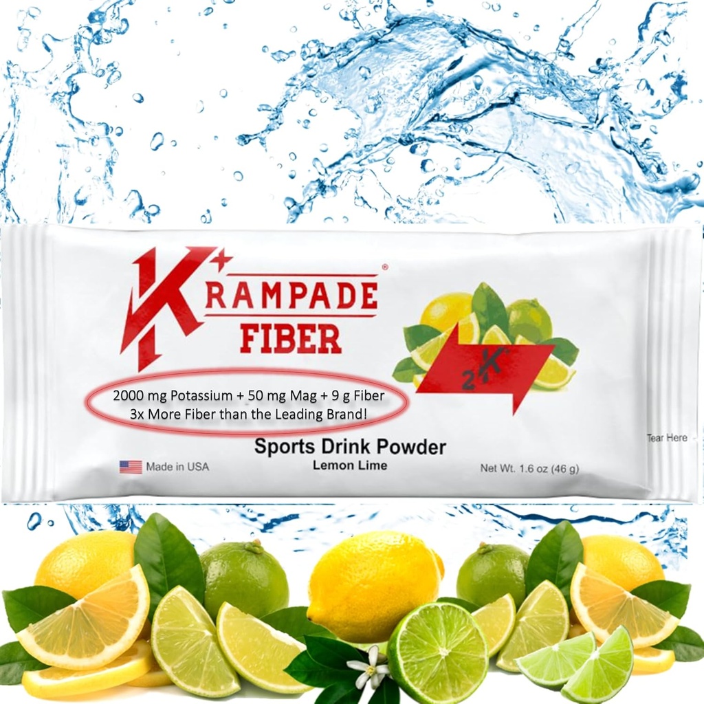 Krampade Fiber 2K High Soluble Fiber, High Potassium, Magnesium Supplement Drink Powder Mix - 2X More Fiber | Reduce Cramps | (Lemon Lime, 19 Serving Bulk Pouch)