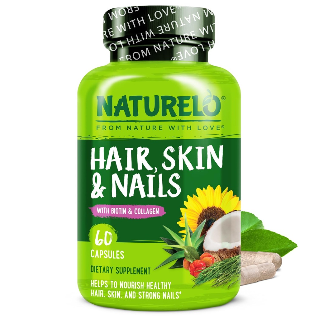 NATURELO Hair, Skin and Nails Vitamins - 5000 mcg Biotin, Collagen, Natural Vitamin E - Supplement for Healthy Skin, Hair Growth for Women and Men – 60 Capsules