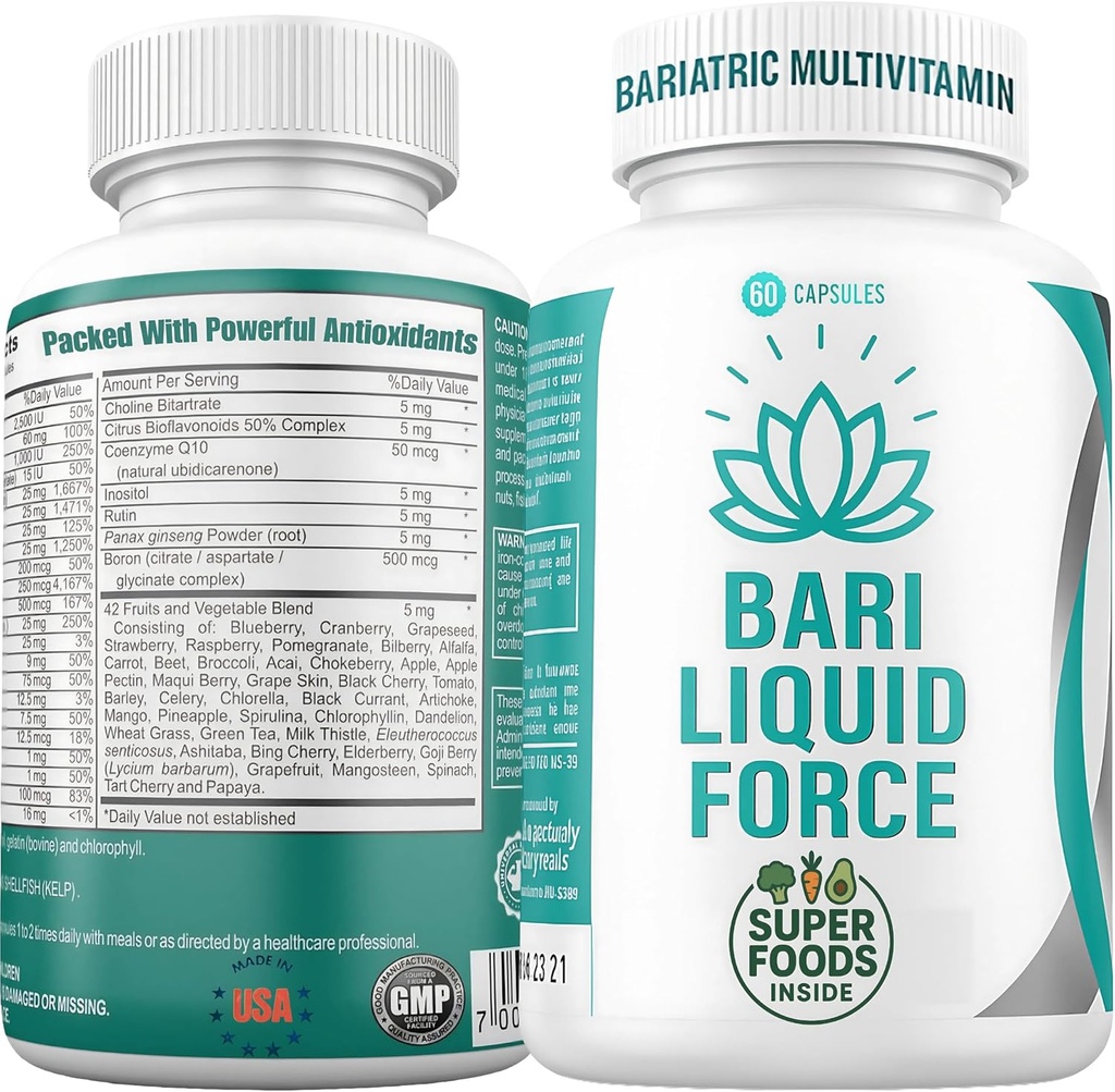 Bari Liquid Force One a Day Bariatric Multivitamin with Iron – Ταχεία απορρόφηση Gel Caps για γαστρικό μανίκι, Bypass, Duodenal Switch – Superfood Blend - Bariatric πρέπει να έχει για γυναίκες και άνδρες