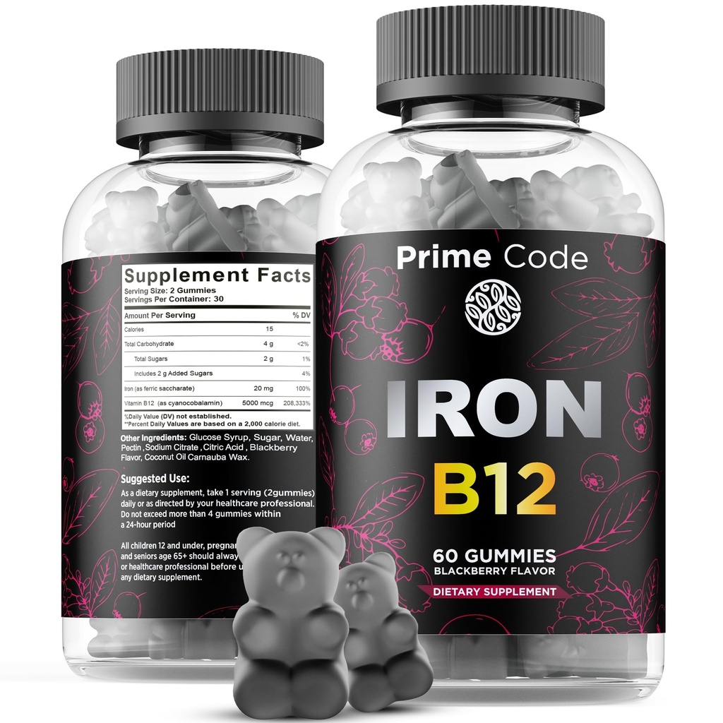 Βιταμίνη B12 Gummies για γυναίκες & άνδρες, 20mg συμπλήρωμα σιδήρου για ενήλικες, Free Builder αίματος για αναιμία, Βιταμίνη B12 Gummies με σίδηρο & φυσικό άρωμα βατόμουρο, Vegan, μη-GMO, 30 ημέρες προσφοράς