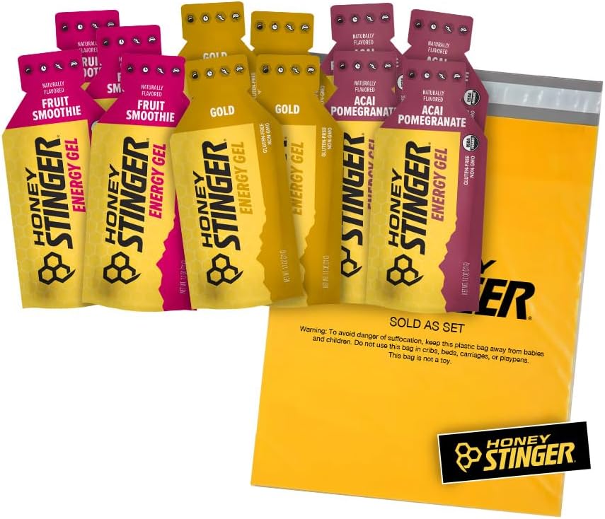 Μέλι Stinger Organic Energy Gels – Ποικιλία πακέτο με Sticker - – 12 Count – 4 από κάθε άρωμα – πηγή ενέργειας για οποιαδήποτε δραστηριότητα – Acai Ρόδι, χρυσό & smoothie φρούτων