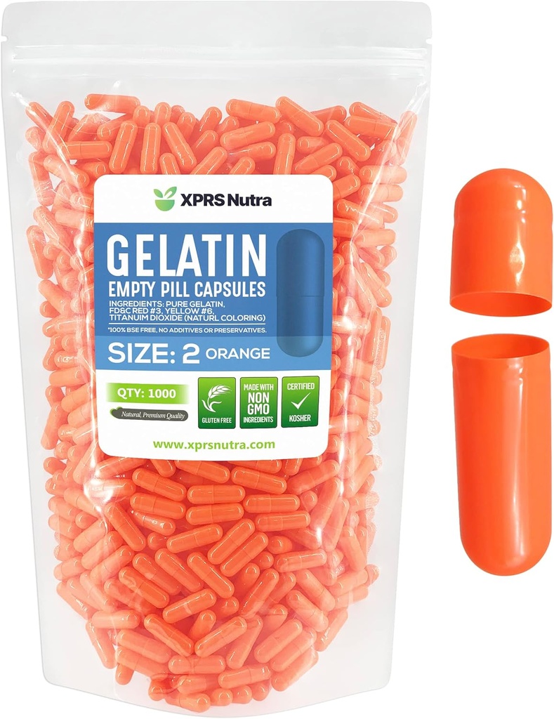 XPRS Nutra Size 2 Empty Capsules - 1000 Count Empty Gelatin Capsules - Pills DIY Capsule Filling - Pure Bovine Pill Gel Caps for Do-It-Yourself Supplements (Orange)
