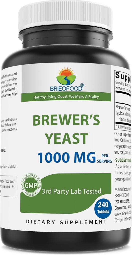 Brieofood Brewers Yeast 1000 mg ανά Σερβίρισμα - 240 δισκία - 3ο Party Labe Tested for Purity & Quality
