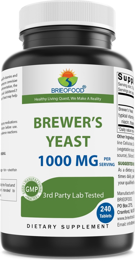 Brieofood Brewers Yeast 1000 mg ανά Σερβίρισμα - 240 δισκία - 3ο Party Labe Tested for Purity & Quality