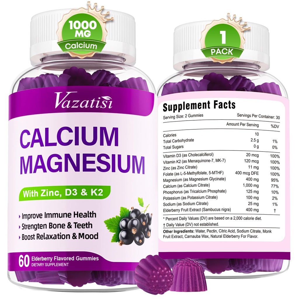 Calcium Magnesium Zinc Gummies with Vitamin D3 and K2, High Absorption Magnesium Glycinate Potassium for Immune and Muscles, Vegan Elderberry Flavor 60 Gummies