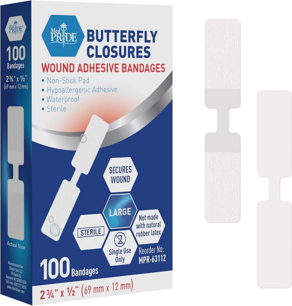 MED PRID Butterfly Tapes Κλείσιμο πανιών για κλείσιμο τραύματος, Στείρα Hypoallergenic Αυτοκόλλητο Μη Stick Pad, Latex-Free, Συσκευασία των 100 Διάφορα μεγέθη (Large)