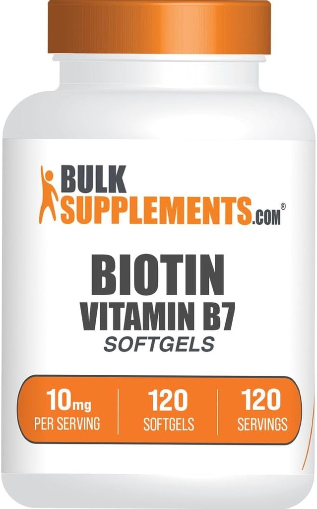 BulkSupplements.com Biotin 10000mcg Softgels - Βιταμίνη Β7, Βιταμίνες Βιοτίνης για τα μαλλιά, το δέρμα και τα νύχια, Συμπλήρωμα Βιοτίνης - Χωρίς γλουτένη, 1 Softgel per Serving, 120 Count (Pack of 1)