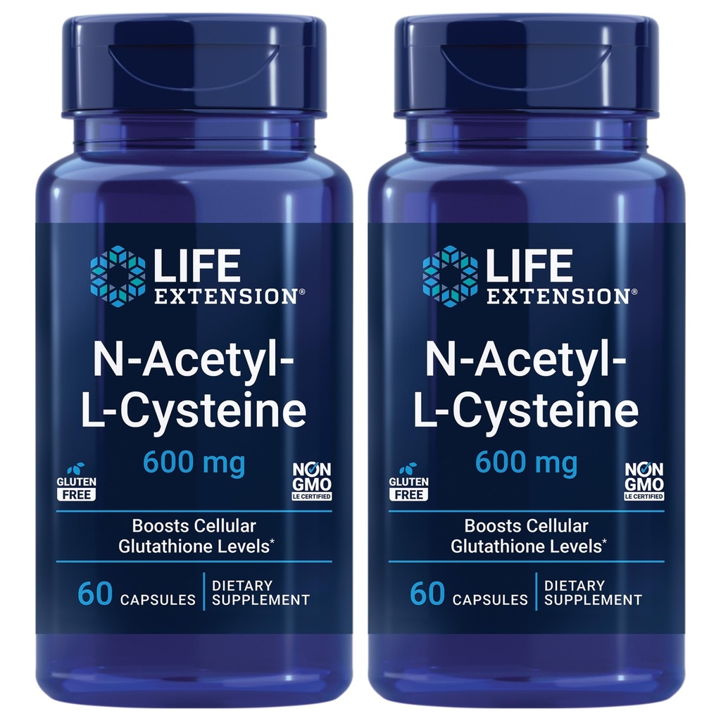 Επέκταση ζωής N- Acetyl- L- Cysteine (NAC), Ανοσολογική Ανταπόκριση, Αναπνευστική Υγεία, Ηπατική Υγεία, NAC 600 mg, Αντιοξειδωτική Άμυνα, Ελεύθερες ρίζες, Εύκολη Απορρόφηση - Δύο Συσκευασία x 60 Καψάκια