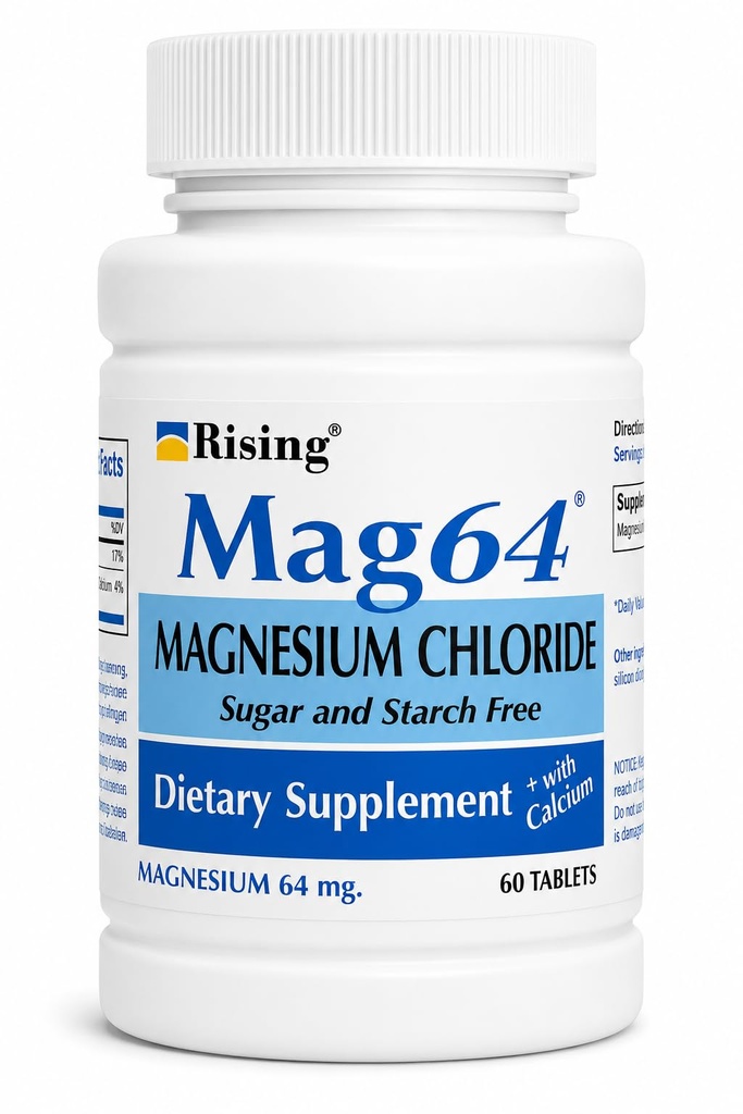 Rising Pharma - Mag64 Χλωριούχο μαγνήσιο με δισκία ασβεστίου - 60 Counts