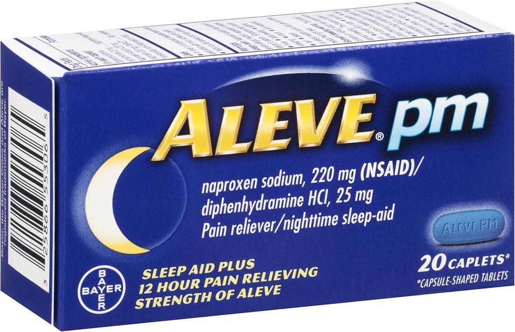 Aleve PM Caplets, Naproxen Sodium 220 mg (NSAID)/διφαινυδραμίνη HCl 25 mg, Pain Reliever/Nighttime Sleep- Aid, Non- Habit Forming, 20 Count