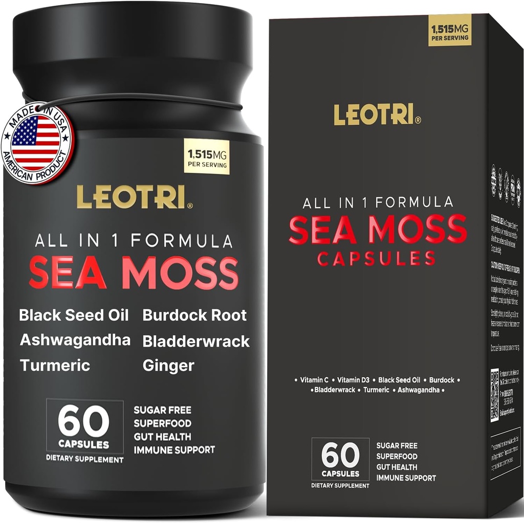 Βιολογικό Ιρλανδικό Moss Κάψουλες: Sea Moss 10500mg Μαύρο Λάδι Σπόρου 6000mg Κουρκουμάς 3000mg Ashwagandha 3000mg Bladderwrack 3000mg Burdock Root 3000mg Ginger για την υγεία των ορνίθων Superfood 60 κάψουλες