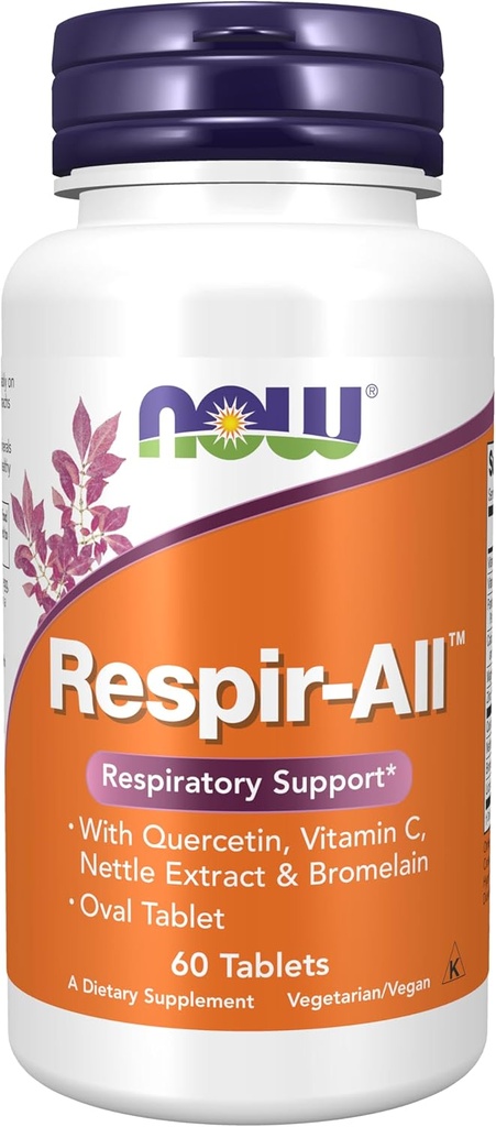 NOW Supplements, Respir-All™ with Quercetin, Vitamin C, Nettle Extract and Bromelain, Respiratory Support*, 60 Tablets