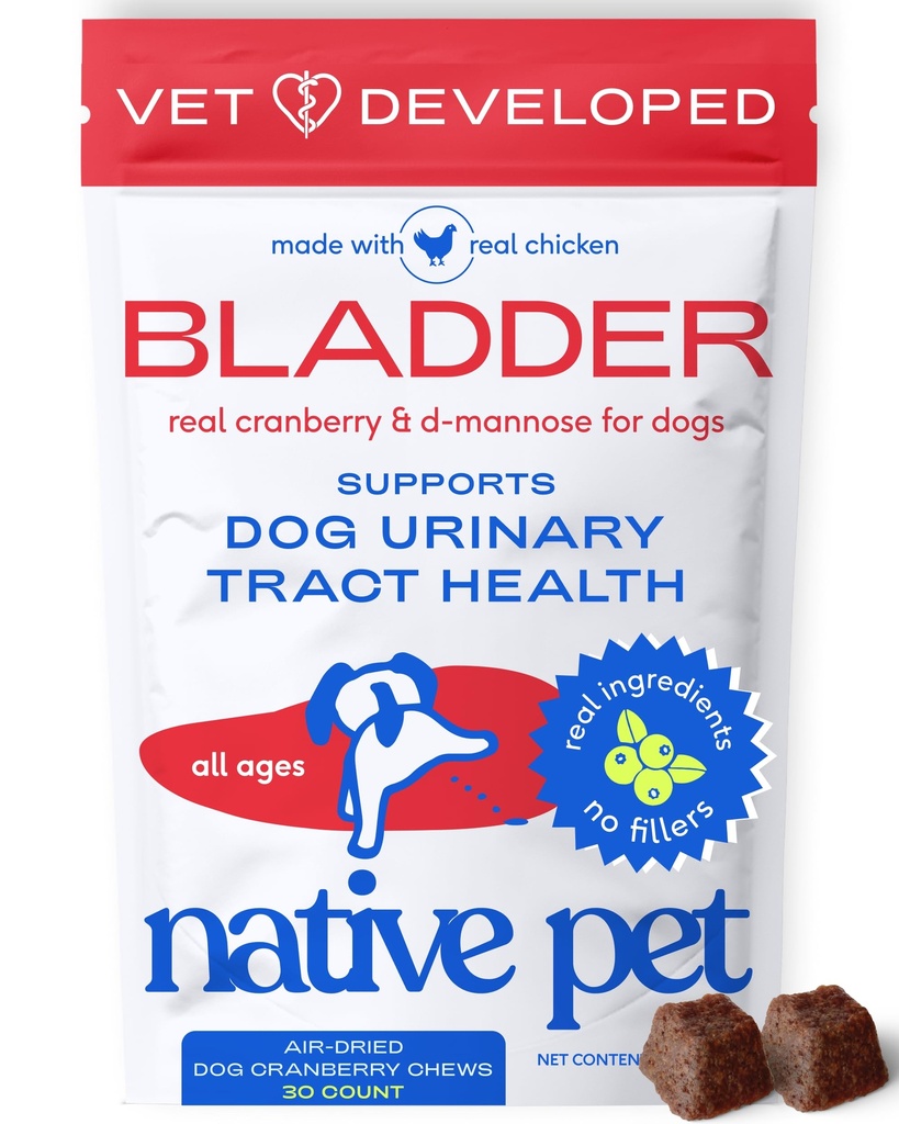 Native Pet Dog UTI Treatment - Cranberry Supplement for Dogs - Supports Normal Bladder Function, Urinary Tract & Kidney Health - Real Cranberry Extract, D-Mannose & Probiotics - Air-Dried - 30 Chews