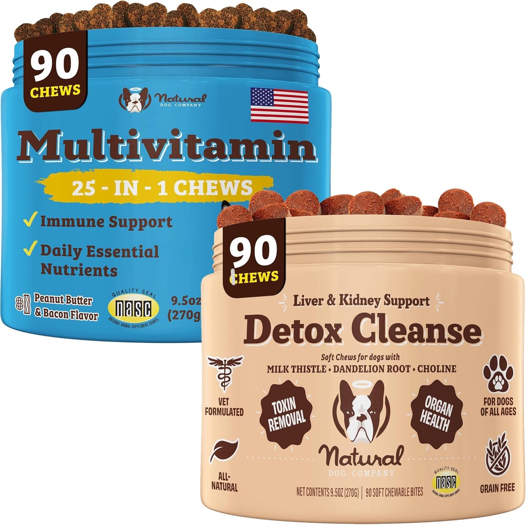 Natural Dog Company Multivitamin & Liver & Kidney Chews Bundle - Πλήρης υποστήριξη της υγείας για Senior Dogs, Προωθεί την αποτοξίνωση, Βελτιωμένη πέψη, Radiant Δέρμα & Coat, Εύκολο στη χορήγηση