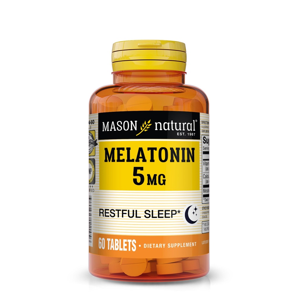 Mason Natural Melatonin 5 mg with B6 & Calcium, Natural Sleep Aid, Supports Restful Sleep, 60 Tablets