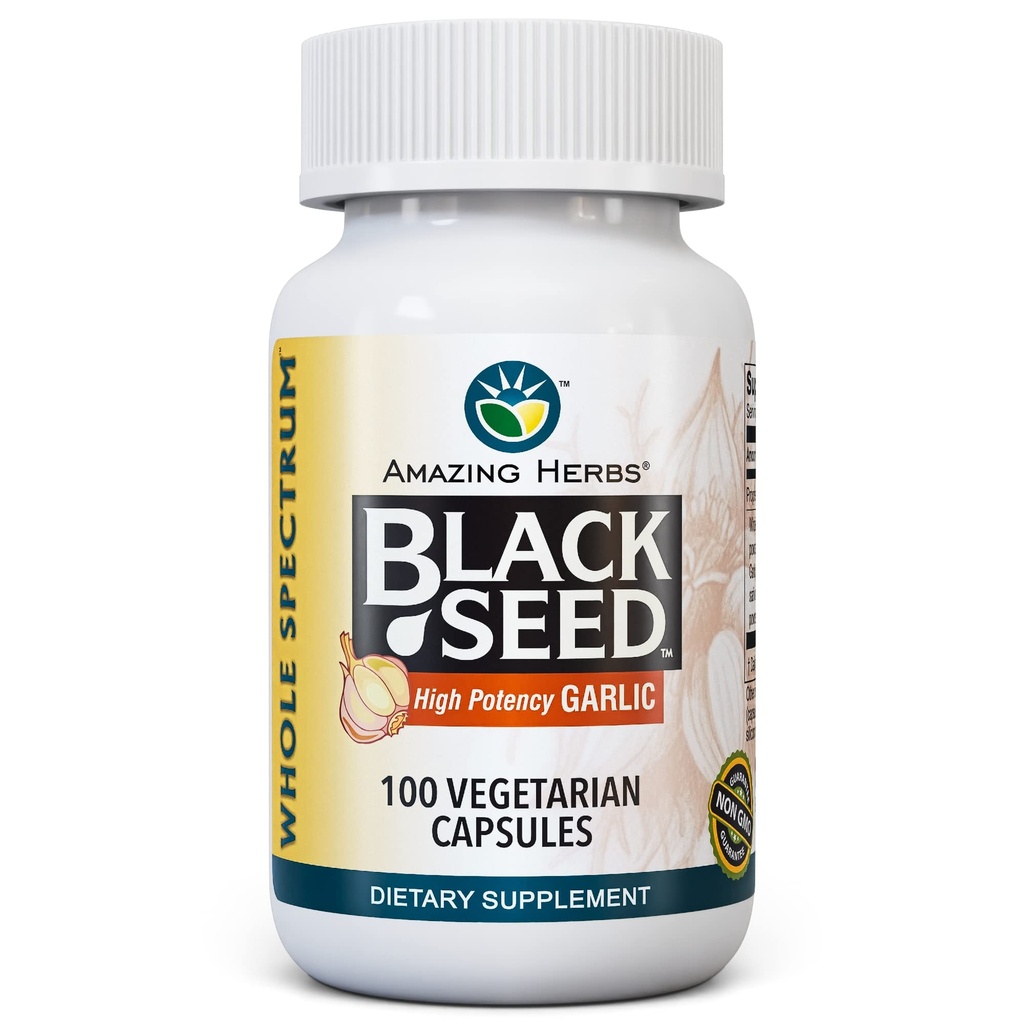 Amazing Herbs Whole Spectrum Black Seed & High Potency Garlic, Vegetarian Capsules - Gluten-Free, Non-GMO, Vegan, Supports Immune System, Lung Function, & Cardiovascular Health - 100 Count