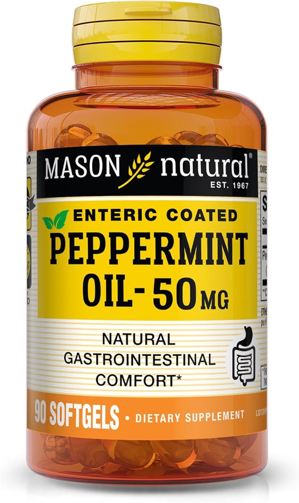 MASON NATURAL Peppermint Oil 50 mg Enteric Coated Supplement, 90 Ημέρα προσφοράς του γαστρεντερικού υποστήριξης για την κανονική λειτουργία Bowel, Softgel χάπια