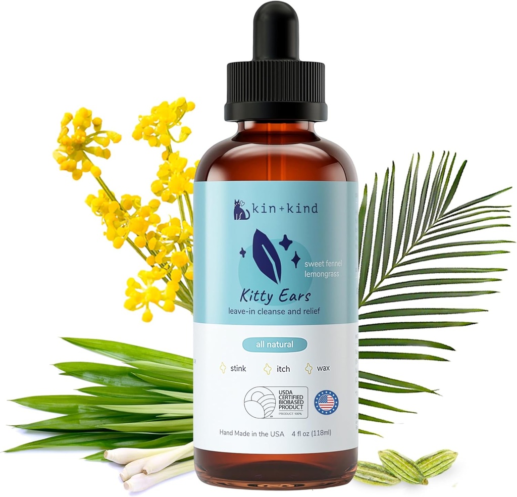 Καθαριστικό Αυτιού Γάτας - Cat Ear Drops, Vet Ear Solution, Εξαλείφει Wax, Odor και Ichy Irritation, Cat Ear Cleaner Solution, Natural in-Home Pet Grooming - Made in USA