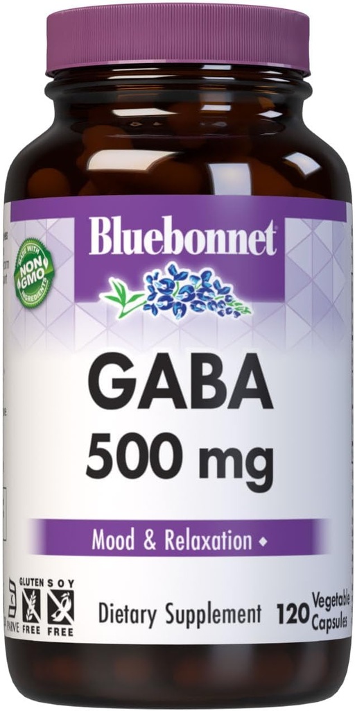BlueBonnet Διατροφή GABA 500mg, για ανακούφιση από το στρες*, Υποστηρίζει Χαλάρωση *, Kosher, Vegan, Χωρίς γλουτένη, Χωρίς σόγια, Μη ΓΤΟ, 120 κάψουλες λαχανικών, 120 εξυπηρετούν
