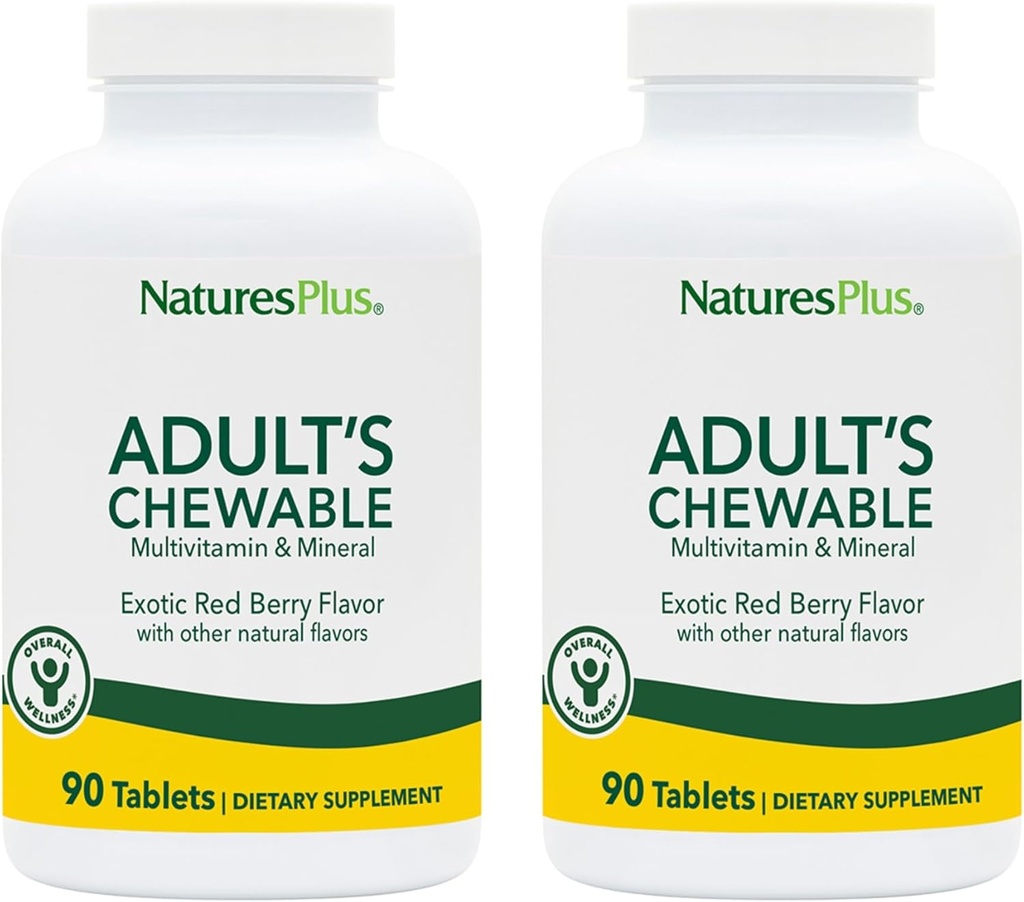 NaturesPlus Adult's Chewable, Exotic Red Berry Flavor - 90 Tablets, Pack of 2 - Multivitamin & Mineral Supplement - Vegetarian, Gluten Free - 180 Total Servings