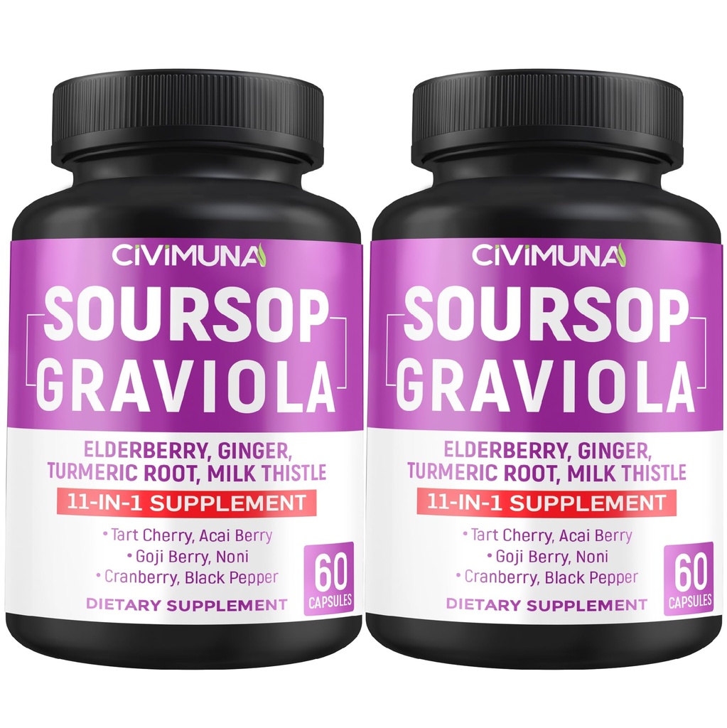 Κάψουλες Soursop Graviola με Elderberry, Turmeric Curcumin και More - 120 Κάψουλες για 4 Μήνες Προμήθεια (πακέτο του 2)