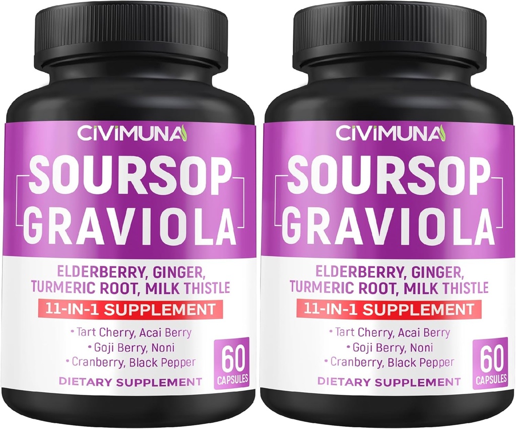 Κάψουλες Soursop Graviola με Elderberry, Turmeric Curcumin και More - 120 Κάψουλες για 4 Μήνες Προμήθεια (πακέτο του 2)
