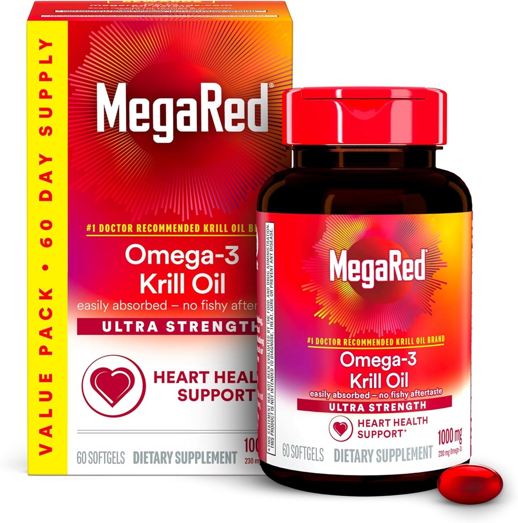 MegaRed Ultra Strength 1000mg Omega-3 Krll Oil Supplement with EPA/DHA, Ασταξανθίνη & Φωσφολιπίδια, No Fish Oil Aftresse Supports Heart, Brain, Joint and Eye Health, 60 Count Softgels.