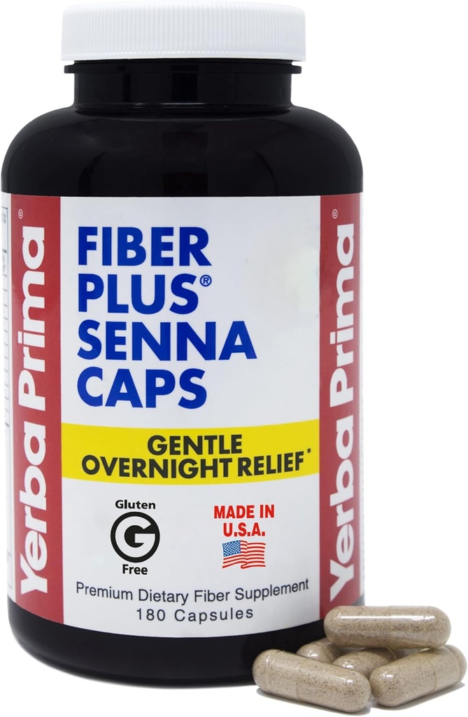 Yerba Prima Fiber Plus Senna Κάψουλες, 180 Count - Απαλό Overnight Relief, USA Made, Non-GMO, for Short-Term Use to Return Regularity