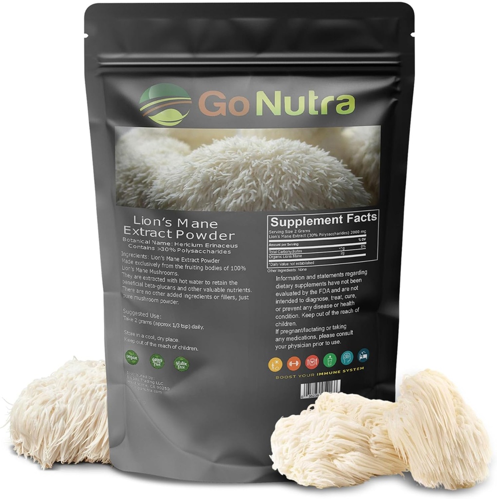 Go Nutra - Mane Powder Lion’s, Potent 10:1 Mane Mushroom Powder με 30% Πολυσακχαρίτες, Pure Lion’s Mane Extract για Τσάι, Χυμό, Νερό, και More, Μη ΓΤΟ, Vegan, 4 oz