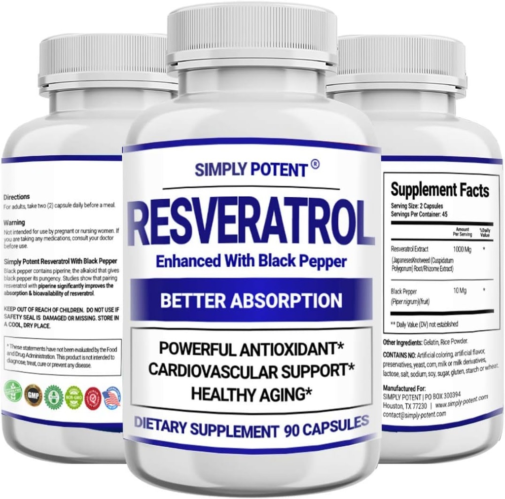Resveratrol 1000mg συμπλήρωμα, Trans Resveratrol 500mg, Resveratrol Ενισχυμένη με μαύρο πιπέρι για μέγιστη απορρόφηση, ισχυρό αντιοξειδωτικό & χάπια κατά της γήρανσης για την καρδιά, ανοσοποιητική & δερματική υγεία, 90 κάψουλες