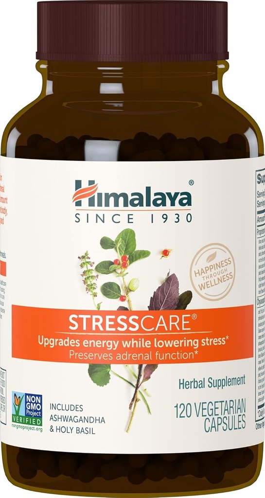 Himalaya StressCare, 30 Day Supply - βοτανική επινεφρική υποστήριξη για την χαλάρωση, ανακούφιση από το στρες, ενεργειακή υποστήριξη και περιστασιακή αϋπνία - Vegan, μη-GMO, χωρίς γλουτένη, 120 κάψουλες