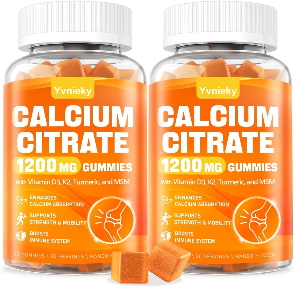 Calcium 1200 mg with Vitamin D3 Supplement Gummies for Adults - Calcium Citrate with Vitamin D3, K2, Turmeric, MSM for Women Men - Support Strength Muscle Immune - Sugar Free, Natural Mango Flavor