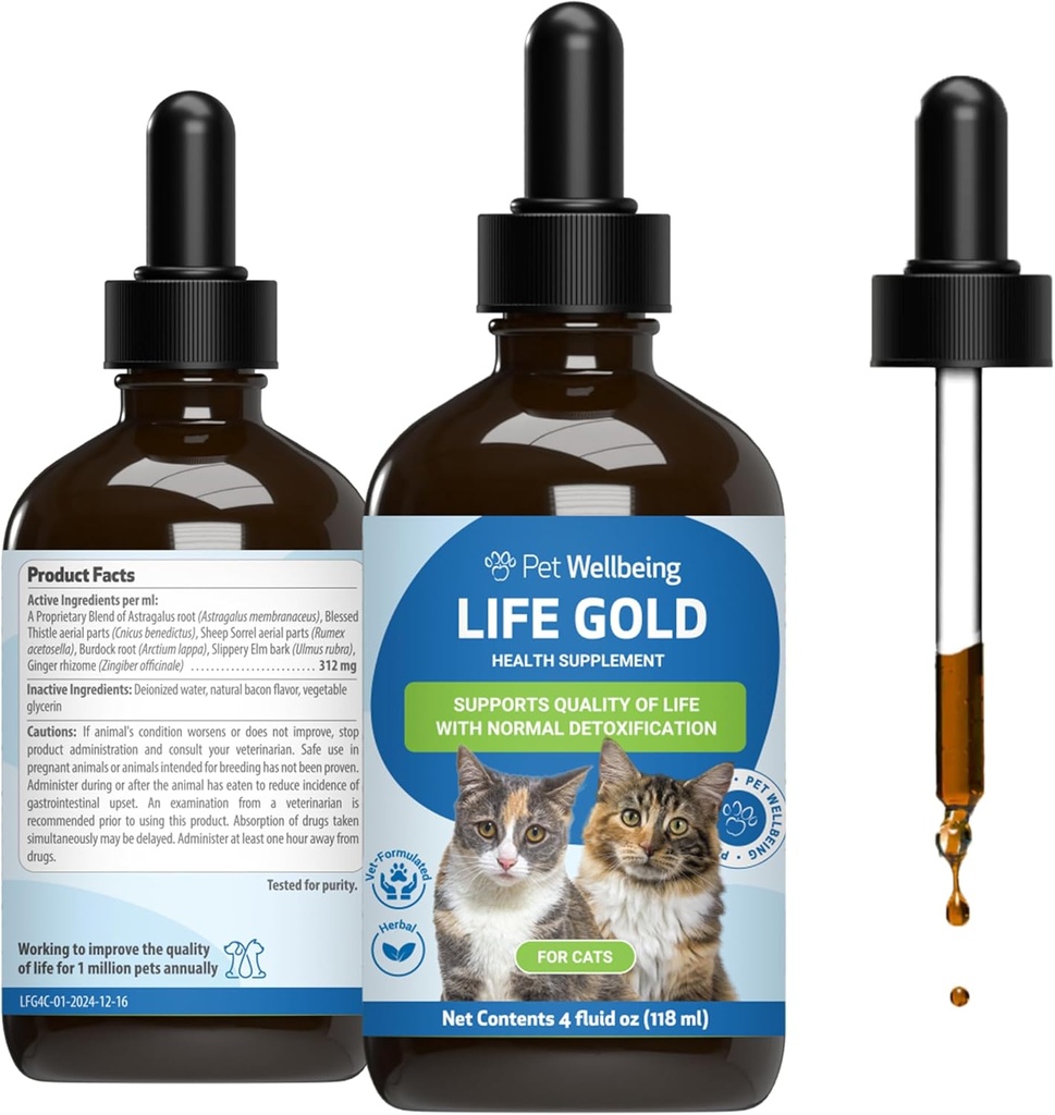 Pet Wellbeing Life Gold for Cats - Υποστηρίζει την αποτοξίνωση, την υγεία του ανοσοποιητικού συστήματος, τα αντιοξειδωτικά - Vet-Formulated βοτανικό συμπλήρωμα – 4 oz (118 ml)