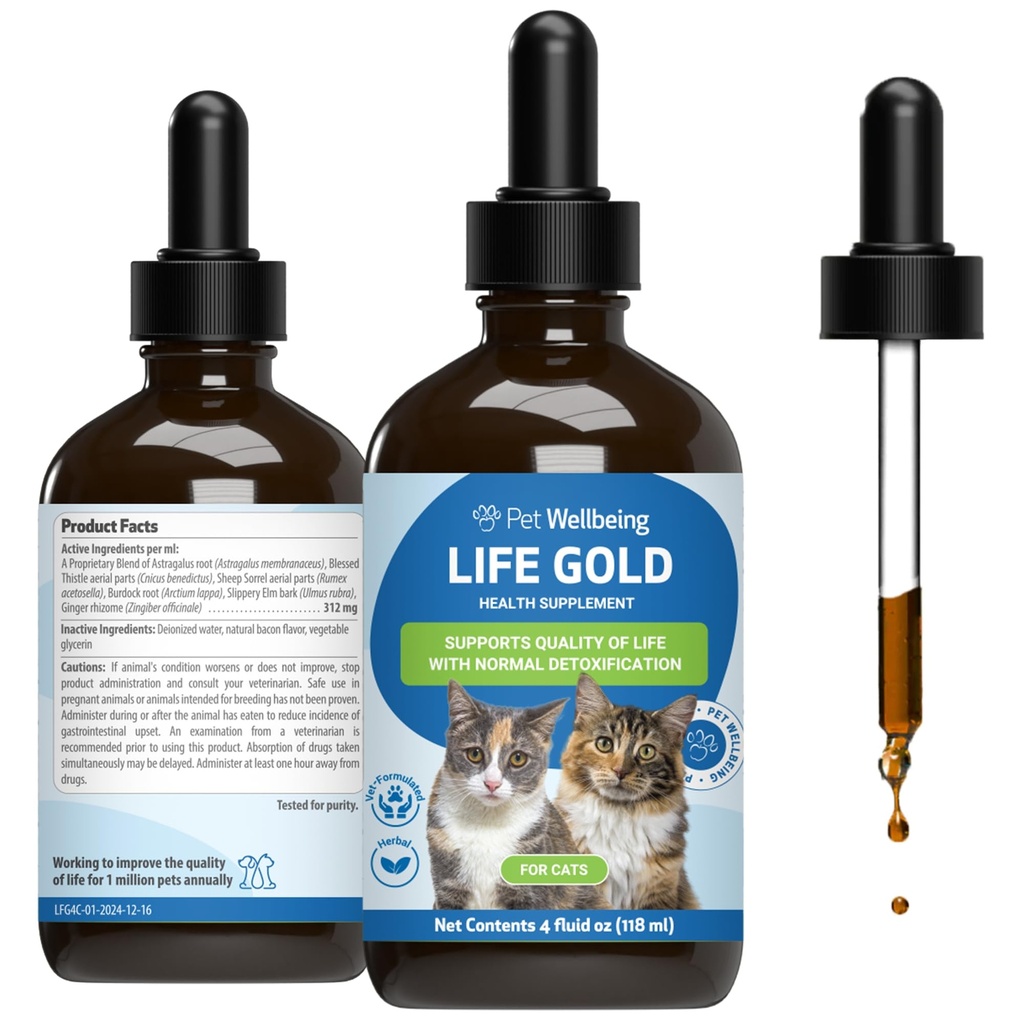 Pet Wellbeing Life Gold for Cats - Υποστηρίζει την αποτοξίνωση, την υγεία του ανοσοποιητικού συστήματος, τα αντιοξειδωτικά - Vet-Formulated βοτανικό συμπλήρωμα – 4 oz (118 ml)