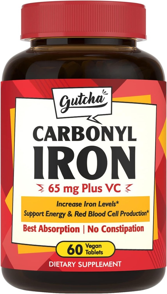 Συμπλήρωμα σιδήρου, 65 mg Carbonyl Iron Plus Vitamin C, Energy & Blood Support for Women & Men, Καλύτερη Απορρόφηση, Απαλό στο στομάχι, Όχι Ναυτία, Χωρίς Δυσκοιλιότητα, Vegan, Μη ΓΤΟ, 60 Ct